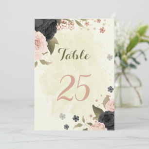 black blush pink flowers table number card