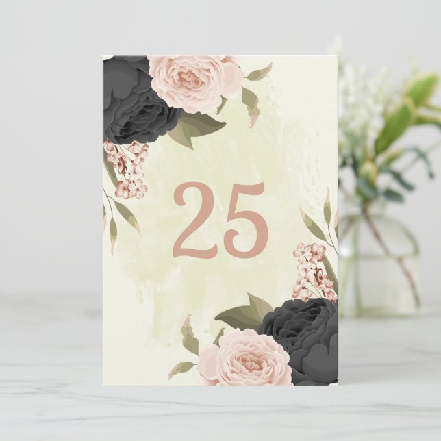 black blush pink flowers table number card (Standing Front)