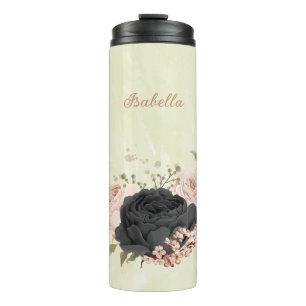 black blush pink flowers thermal tumbler
