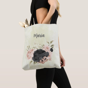 black blush pink flowers tote bag
