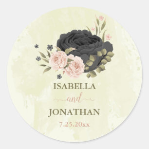 black blush pink flowers wedding classic round sticker