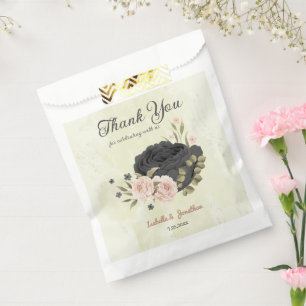 black blush pink flowers wedding favour bag