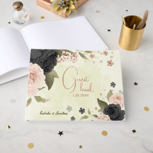 black blush pink flowers wedding guest book