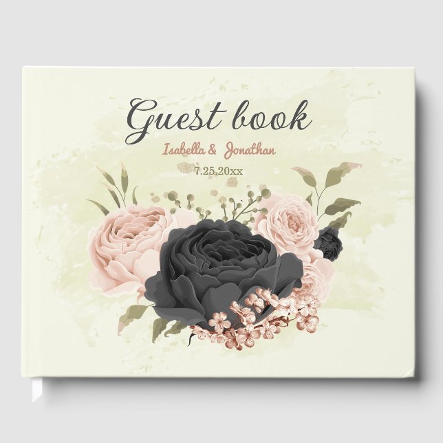 black blush pink flowers wedding guest book (Front)