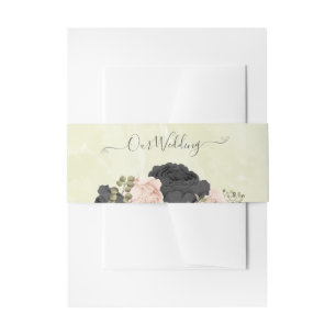 black blush pink flowers wedding invitation belly band