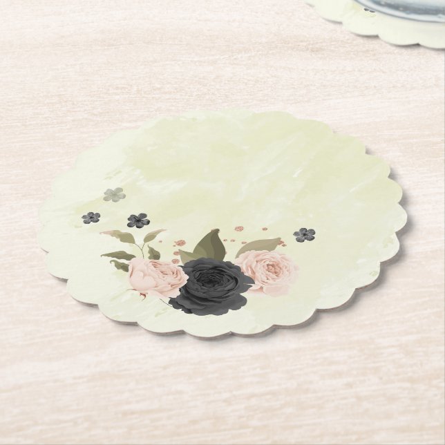 black blush pink flowers wedding paper coaster (Angled)