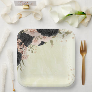 black blush pink flowers wedding paper plate