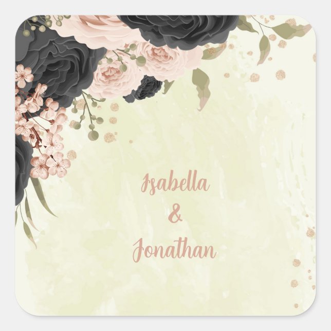 black blush pink flowers wedding square sticker (Front)
