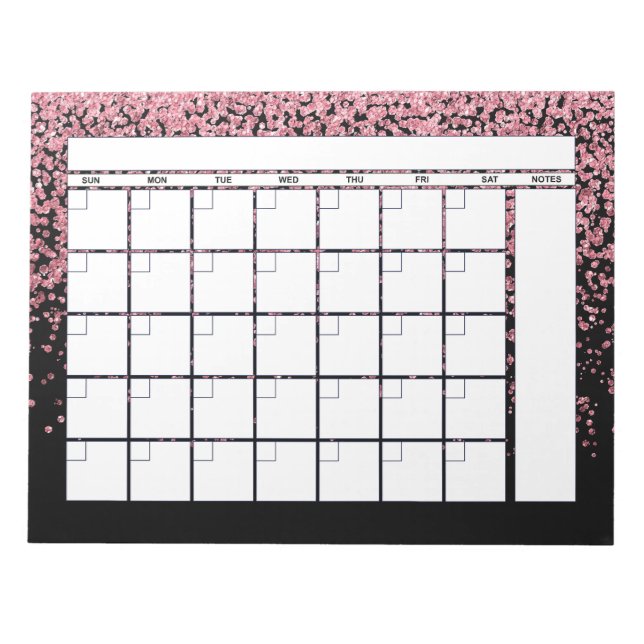 Black Blush Pink Glitter Monthly Planner Calendar Notepad (Front)
