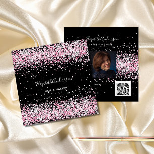 Black blush pink glitter profile photo qr code square business card