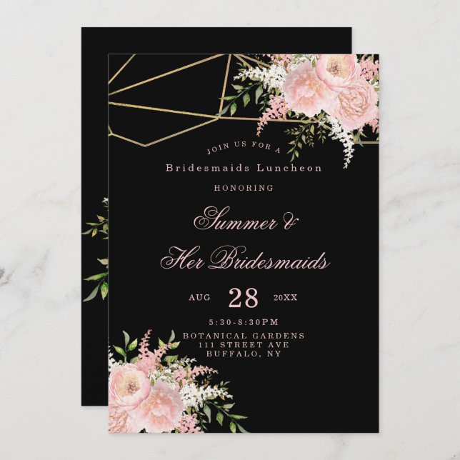 Black Blush Pink Gold Floral Bridesmaids Luncheon Invitation (Front/Back)