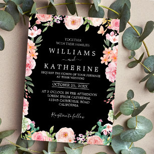 Black Blush Pink & Peach Flower bouquet Wedding Invitation