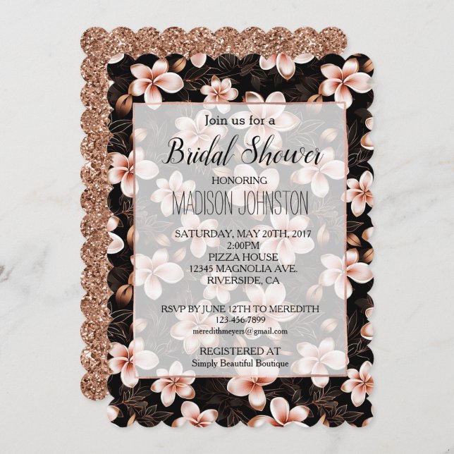 Black Blush Pink Rose Gold Floral Bridal Shower Invitation (Front/Back)