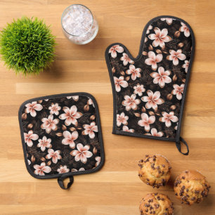 Black Blush Pink Rose Gold Floral Bridal Shower Oven Mitt & Pot Holder Set
