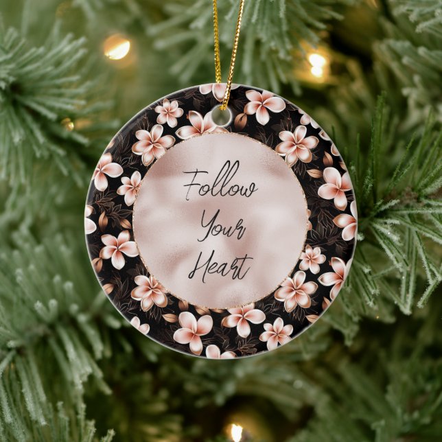 Black Blush Pink Rose Gold Floral Ceramic Ornament (Tree)