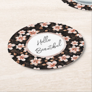 Black Blush Pink Rose Gold Floral Personalised Round Paper Coaster