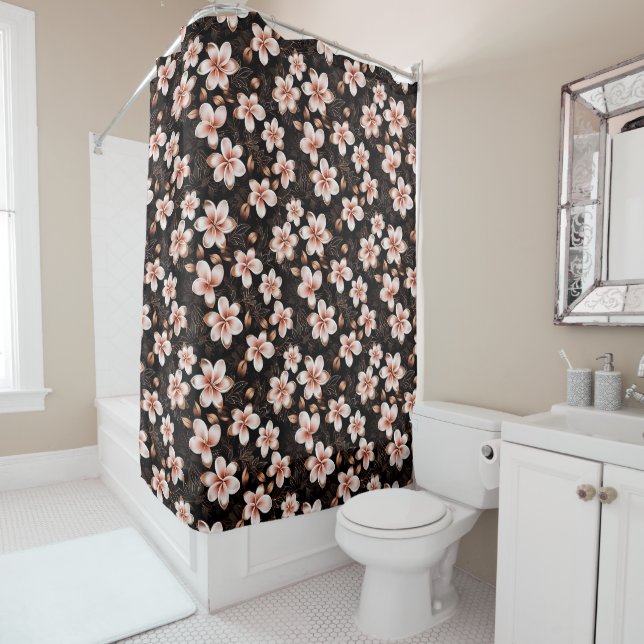 Black Blush Pink Rose Gold Floral Shower Curtain (In Situ)