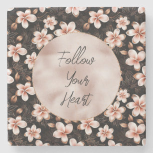 Black Blush Pink Rose Gold Floral Stone Coaster