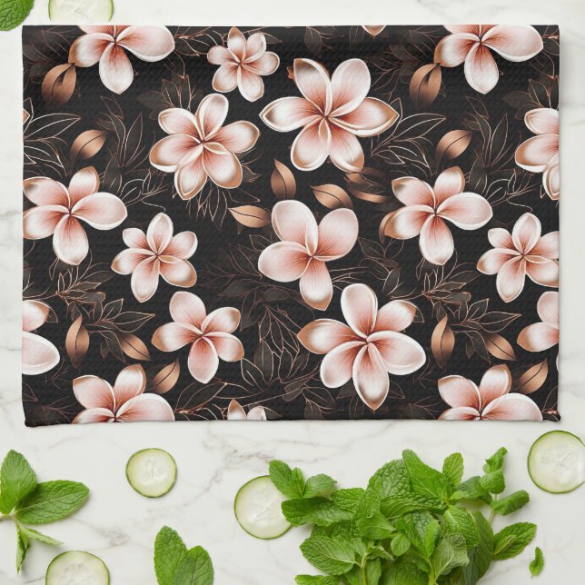 Black Blush Pink Rose Gold Floral Tea Towel (Folded)