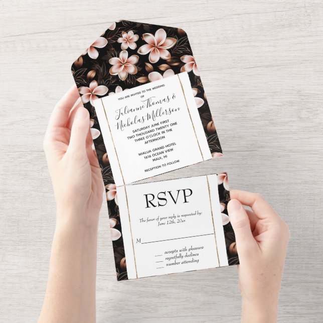 Black Blush Pink Rose Gold Floral Wedding All In One Invitation (Tearaway)