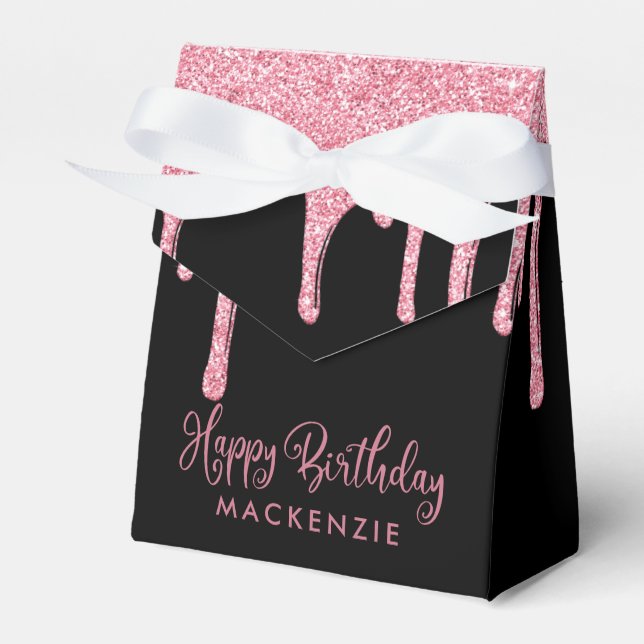 Black Blush Pink Sparkle Glitter Drips Birthday Favour Box (Front Side)