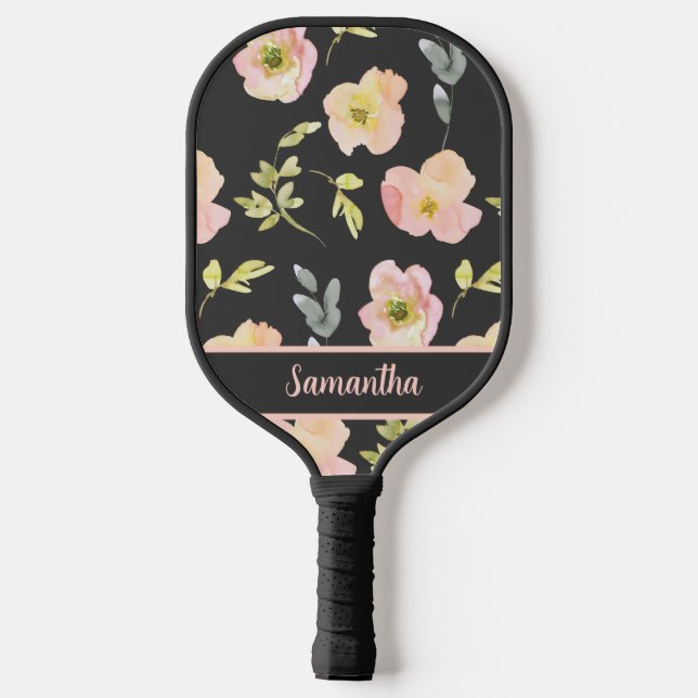 Black Blush Pink Watercolor Floral Name Pickleball Paddle (Back)