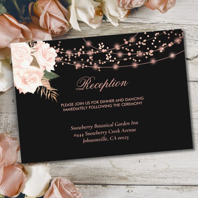 Black & Blush Rose Floral String Lights Wedding Enclosure Card (Creator Uploaded)