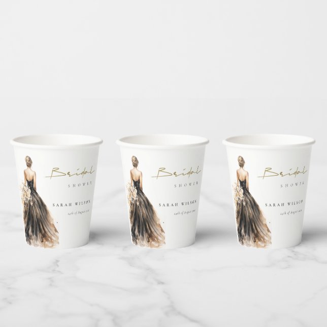 Black Blush Watercolor Wedding Gown Bridal Shower Paper Cups (Multi)