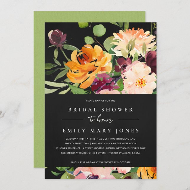 BLACK BLUSH YELLOW ORANGE FLORAL BRIDAL SHOWER INVITATION (Front/Back)