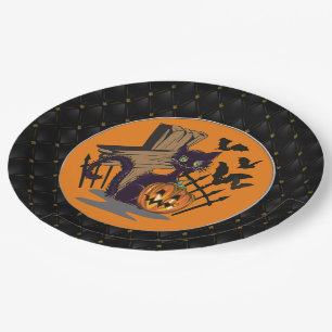 Black Boarder Black Cat Tombstone Bats Halloween Paper Plate