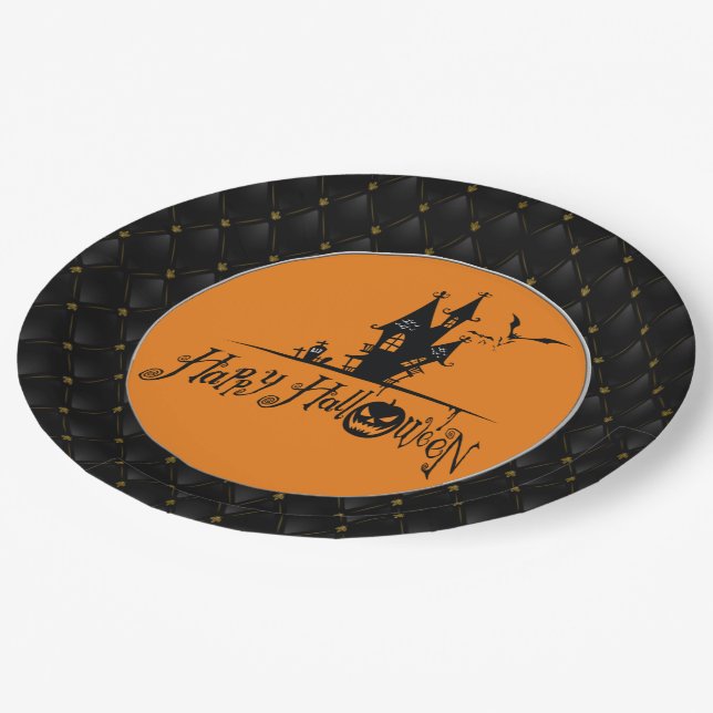 Black Boarder Happy Halloween Haunted House Paper Plate (Angled)