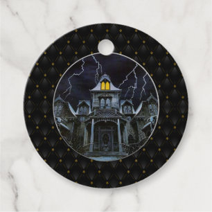 Black Boarder Haunted House Halloween Favour Tags