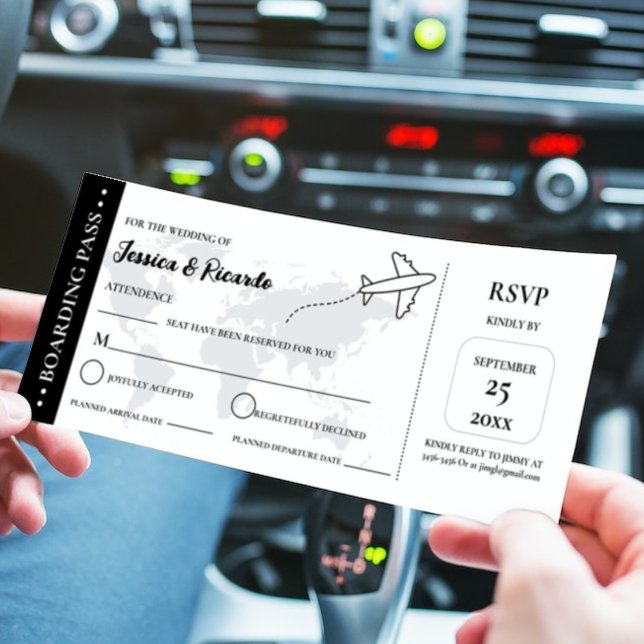 Black boarding pass wedding RSVP enclosure card (Creator Uploaded)