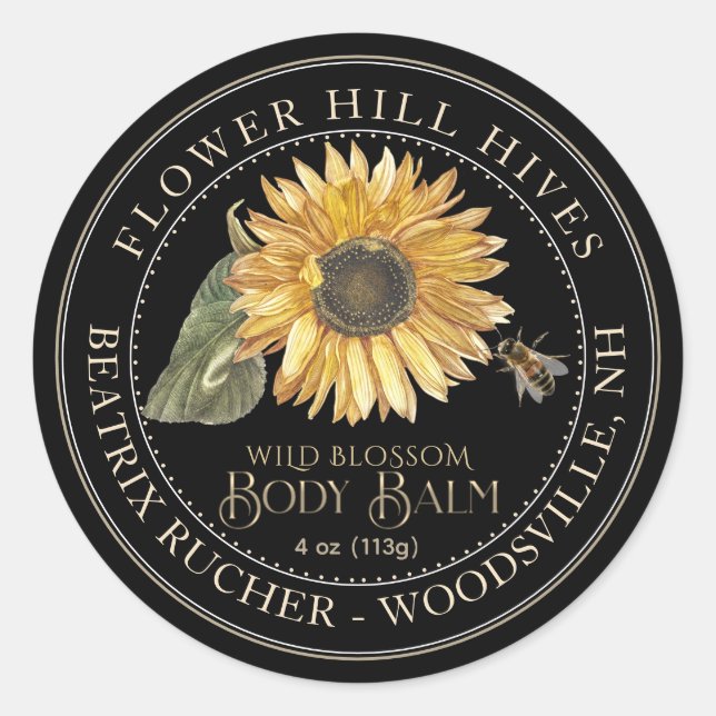 Black Body Balm Label Sunflower Metallic Gold Text (Front)