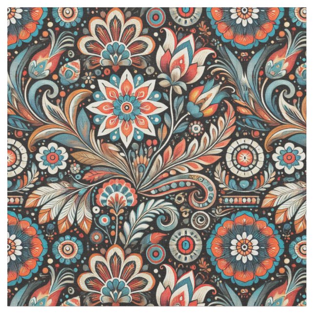 Black Bohemian Floral Fabric (Close Up)