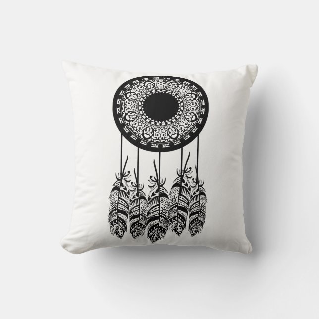 Black Bohemian Mandala Dream Catcher Feathers Cushion (Front)