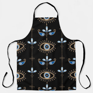 Black bohemian retro evil eye pattern apron