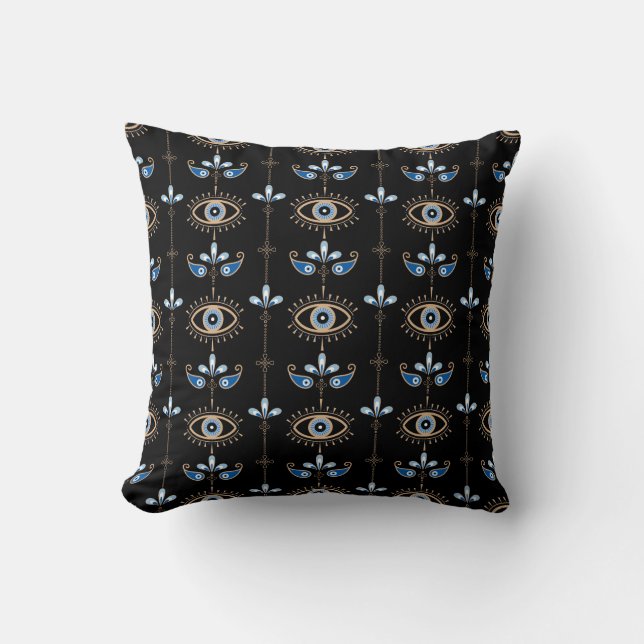 Black bohemian retro evil eye pattern cushion (Front)