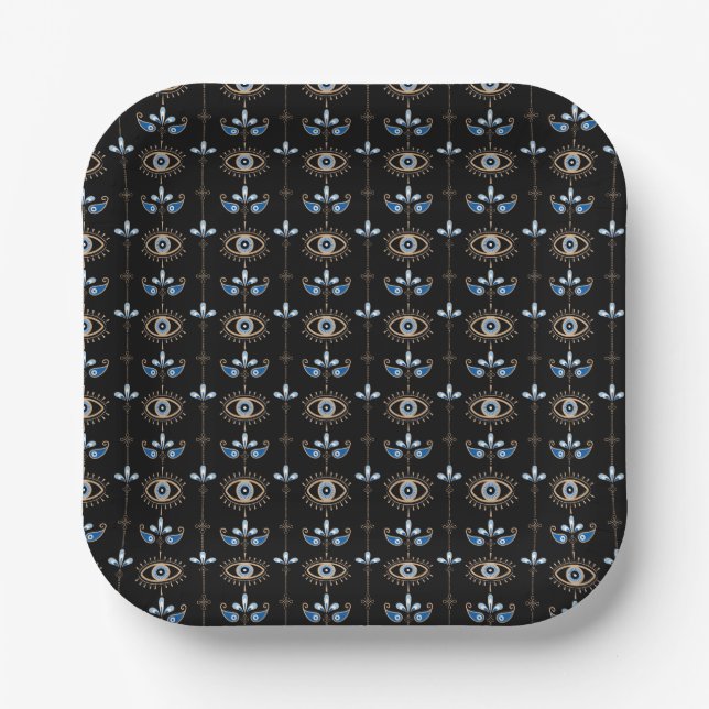 Black bohemian retro evil eye pattern paper plate (Front)