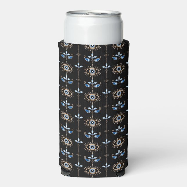 Black bohemian retro evil eye pattern seltzer can cooler (Seltzer Front)
