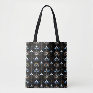 Black bohemian retro evil eye pattern tote bag