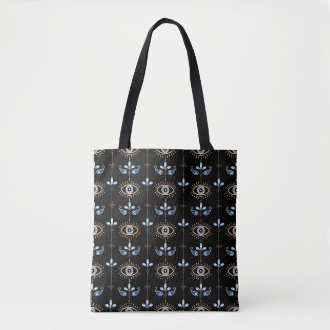 Black bohemian retro evil eye pattern tote bag (Front)