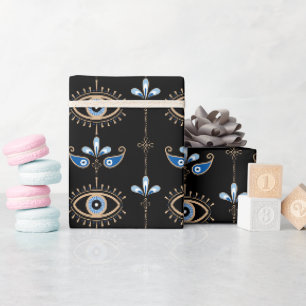 Black bohemian retro evil eye pattern wrapping paper