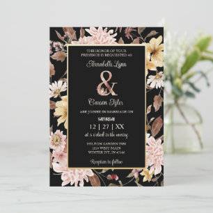 Black Boho Blooms & Bird Wedding Invitation 