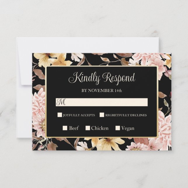 Black Boho Blooms & Bird Wedding RSVP (Front)