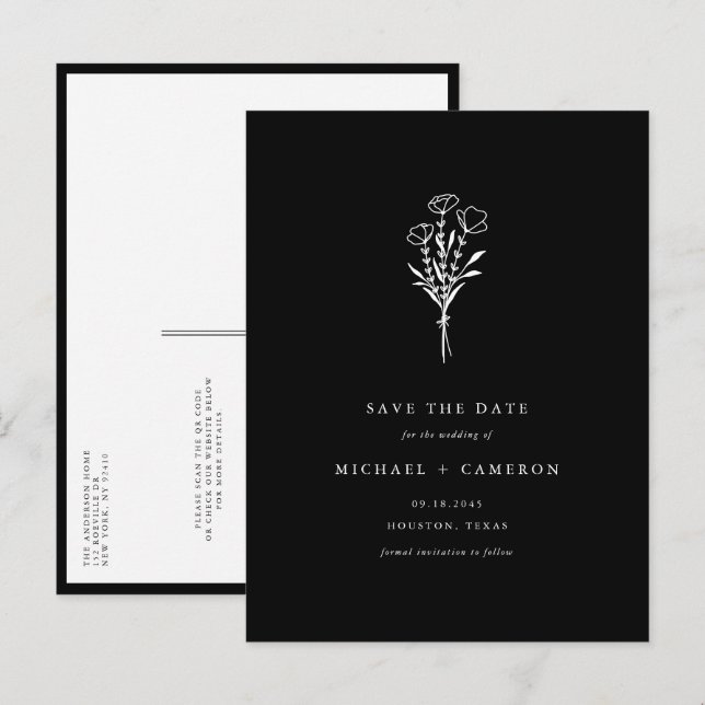 Black Boho Botanical QR Code Save the Date Announcement Postcard (Front/Back)