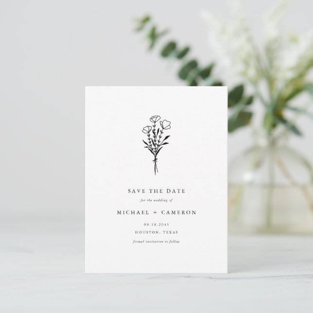 Black Boho Botanical QR Code Save the Date Announcement Postcard (Standing Front)