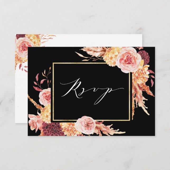 Black Boho Burgundy Terracotta Floral Wedding RSVP Card (Front/Back)