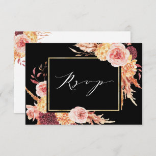 Black Boho Burgundy Terracotta Floral Wedding RSVP Card