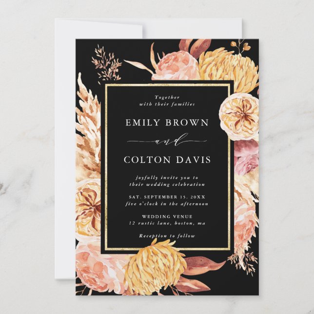 Black Boho Burgundy Terracotta Flowers Wedding Invitation (Front)